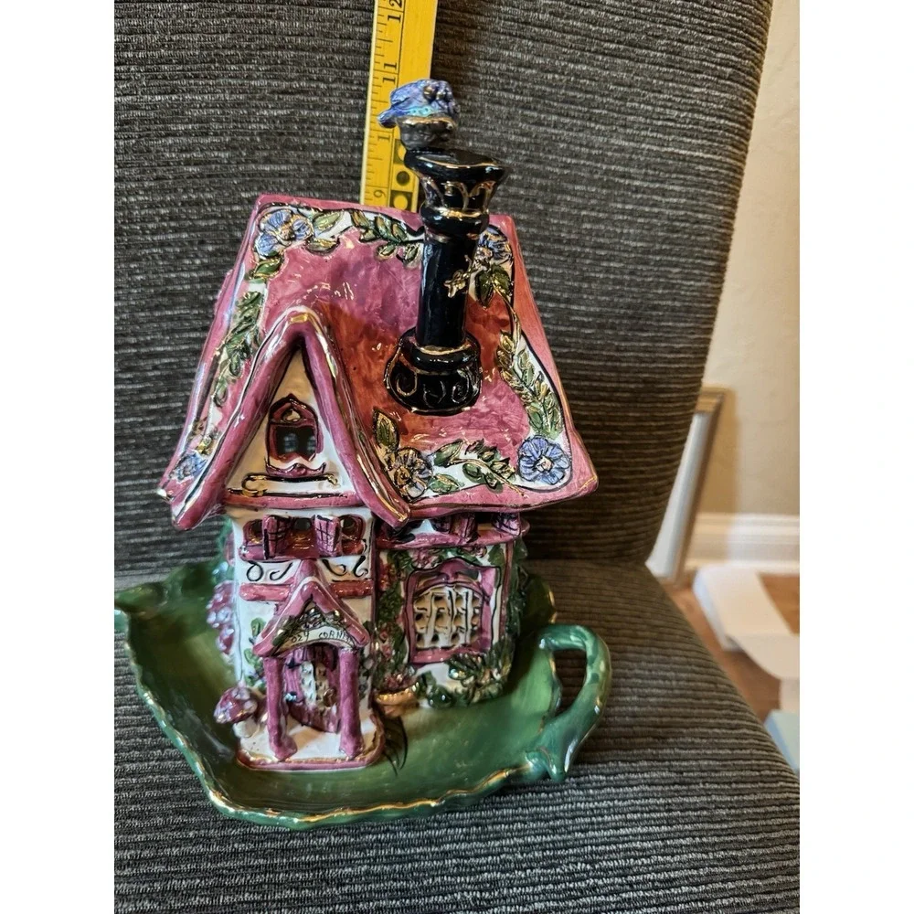 Blue Sky Clayworks Heather Goldminc Cozy Corner House CandleHolder w/Under Plate